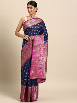 Silk Land - Navy Blue Banarasi Silk Saree with Unstitched Blouse