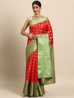 Silk Land - Red Banarasi Silk Saree with Unstitched Blouse
