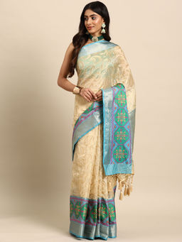 Silk Land - Beige Heavy Woven Zari Silk Bollywood Style Saree with Unstitched Blouse