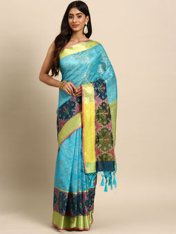 Silk Land - Blue Heavy Woven Zari Silk Bollywood Style Saree with Unstitched Blouse