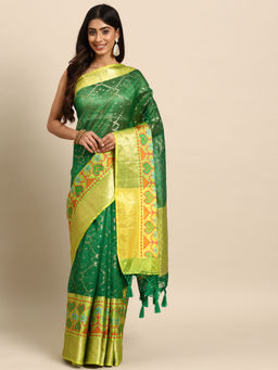 Silk Land - Green Heavy Woven Zari Silk Bollywood Style Saree with Unstitched Blouse
