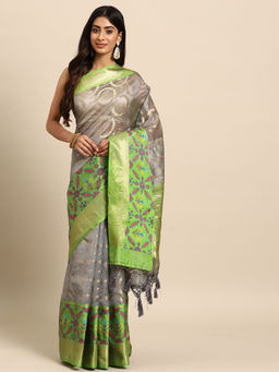Silk Land - Grey Heavy Woven Zari Silk Bollywood Style Saree with Unstitched Blouse