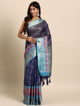 Silk Land - Navy Blue Heavy Woven Zari Silk Bollywood Style Saree with Unstitched Blouse