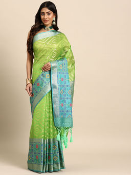 Silk Land - Green Heavy Woven Zari Silk Bollywood Style Saree with Unstitched Blouse