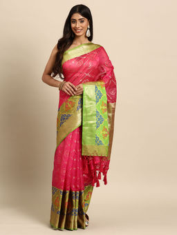 Silk Land - Pink Heavy Woven Zari Silk Bollywood Style Saree with Unstitched Blouse