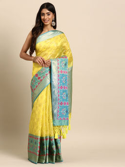 Silk Land - Yellow Heavy Woven Zari Silk Bollywood Style Saree with Unstitched Blouse