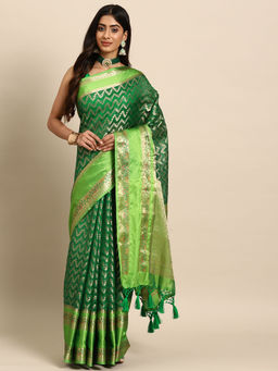 Silk Land - Green Heavy Zari Bollywood Style Saree with Unstitched Blouse