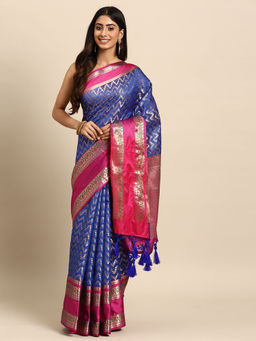 Silk Land - Navy Blue Heavy Zari Bollywood Style Saree with Unstitched Blouse
