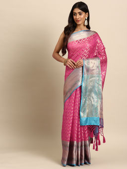 Silk Land - Pink Heavy Zari Bollywood Style Saree with Unstitched Blouse