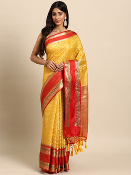 Silk Land - Yellow Heavy Zari Bollywood Style Saree with Unstitched Blouse