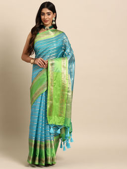Silk Land - Blue Heavy Zari Bollywood Style Saree with Unstitched Blouse