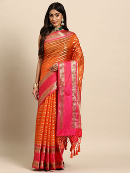 Silk Land - Orange Heavy Zari Bollywood Style Saree with Unstitched Blouse