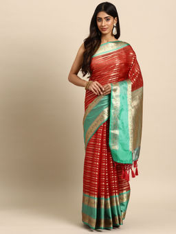 Silk Land - Red Heavy Zari Bollywood Style Saree with Unstitched Blouse