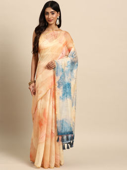 Silk Land - Beige Organza Celebrity Style Tie and Dye Saree with Unstitched Blouse