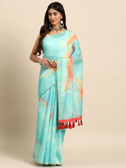 Silk Land - Turquoise Organza Celebrity Style Tie and Dye Saree with Unstitched Blouse