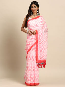 Silk Land - Pink Organza Digital Print Saree with Unstitched Blouse
