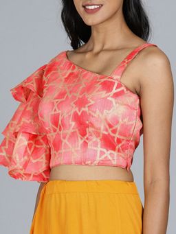 Ethnovog - Ready To Wear Red Printed Stitched Blouse with Flared Sleeves