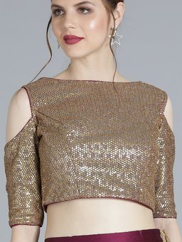 Ethnovog - Ready To Wear Gold Sequins Cold Shoulder Stitched Blouse