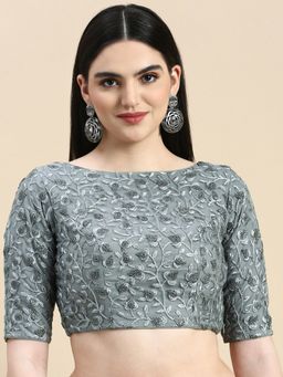 Ethnovog - Ready To Wear Grey Embroidered Net Stitched Blouse with Keyhole