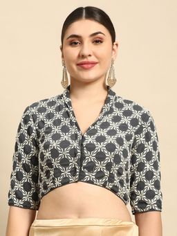 Ethnovog - Ready To Wear Grey Embroidered Collar Neck Stitched Blouse