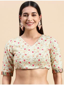 Ethnovog - Ready To Wear White Embroidered Art Silk V Neck Stitched Blouse