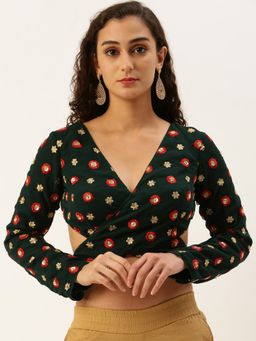 Ethnovog - Ready To Wear Green Embroidered Georgette Overlapped Stitched Blouse
