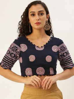 Ethnovog - Ready To Wear Navy Blue Georgette Embroidered Stitched Blouse
