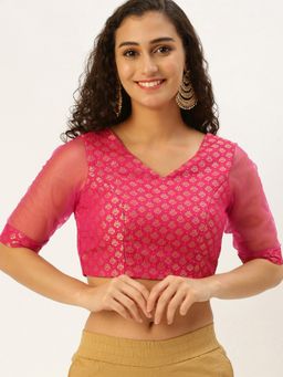 Ethnovog - Ready To Wear Pink Jacquard Art Silk Keyhole Style Stitched Blouse