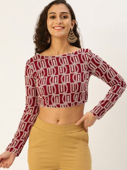 Ethnovog - Ready To Wear Maroon Georgette Embroidered Boat Neck Stitched Blouse