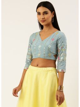 Ethnovog - Ready To Wear Blue Overlapped Style Stitched Blouse with Side Keyhole