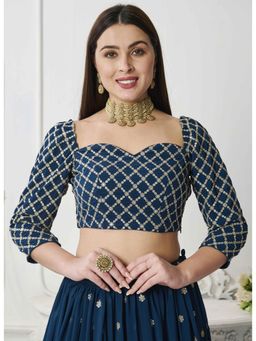 Ethnovog - Ready To Wear Teal Blue Georgette Embroidered Stitched Blouse
