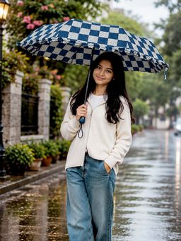 Little Surprise Box - 3 Fold Navy Blue Checks Umbrella