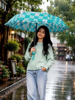 Little Surprise Box - 3 Fold Turquoise Checks Umbrella