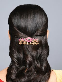 Fida - Wedding Ethnic Gold Plated Red & Green Stone Floral Barrette Hair Clip for Women