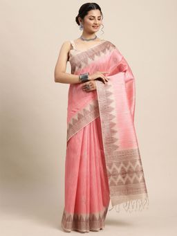 Odette - Womens Silk Blend Pink Printed Designer Saree with Unstitched Blouse