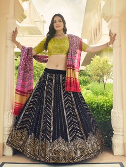 Odette - Festive Designer Navy Blue Semi Stitched Lehenga With Unstitched Blouse (Set of 3)