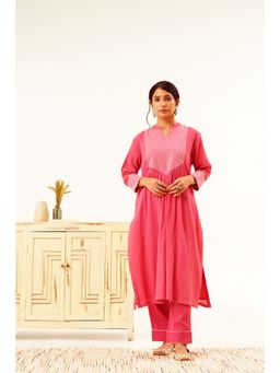Indy Raaga - Amaara Bubblegum Embroidered Cotton Kurta with Pant (Set of 2)
