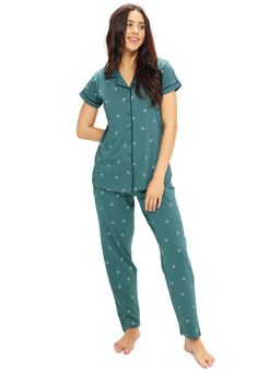 LOTIK - Teal Printed Cotton Shirt and Pyjama