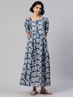 Swishchick - Blue Printed Cotton Maternity Dress