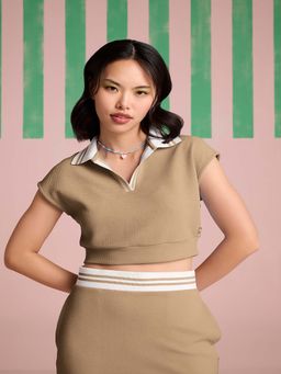 Muvazo - Breezy Texture Crop Polo T-Shirt - Khaki