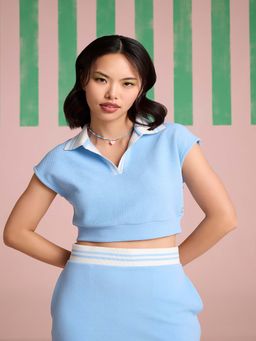 Muvazo - Breezy Texture Crop Polo T-Shirt - Sea Blue Kelp