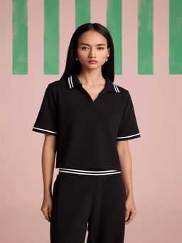 Muvazo - Breezy Texture Sleeve Polo T-Shirt - Black