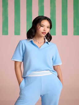 Muvazo - Breezy Texture Sleeve Polo T-Shirt - Sea Blue Kelp