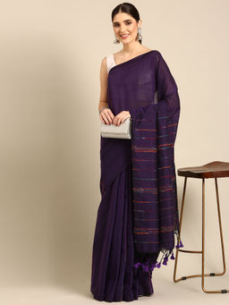 ArtEastri - Navy Blue Cotton Woven Saree with Unstitched Blouse