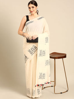 ArtEastri - Off White Handprint Soft Cotton Saree