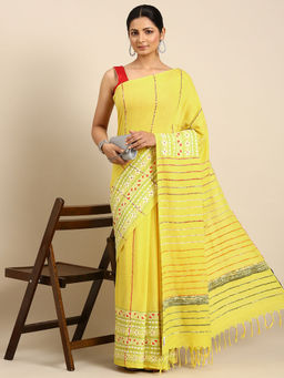 ArtEastri - Yellow Cotton Kantha Saree with Unstitched Blouse