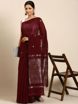 ArtEastri - Burgundy Silk Cotton Zari Saree with Unstitched Blouse