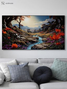 Nestroots - Tranquil Stream: Floral Mountain Scenery Wall Painting