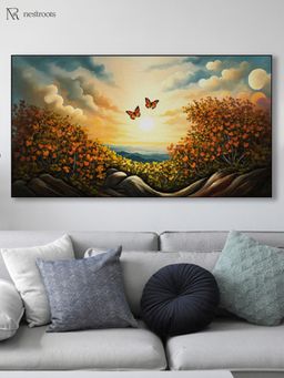 Nestroots - Graceful Butterflies Over Majestic Mountain Wall Painting