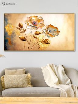 Nestroots - Vibrant Flowers On Golden Canvas Wall Painting